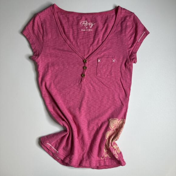 Vintage Y2K Roxy Surf Baby T Shirt Top XXS Graphic Surfer Skater Buttons Pink - Picture 3 of 9